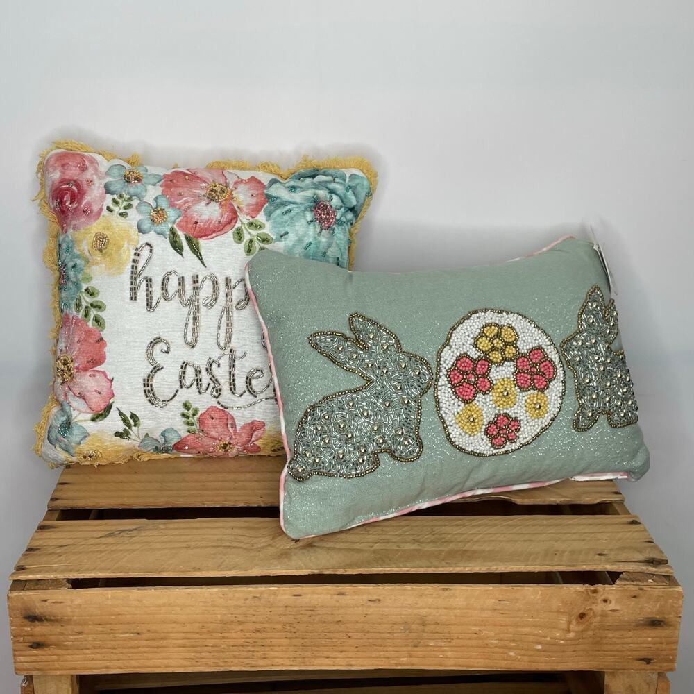Bunny Boulevard "Happy Easter" sequin bunnies white and green throw pillows (2)